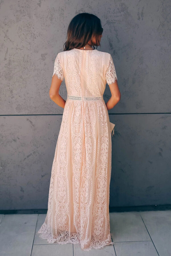 Burgundy Deep V Neck Short Sleeve Lace Maxi Dress - Image 13