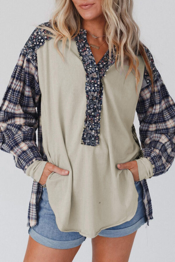 Red Floral Plaid Mixed Print Bishop Sleeve Patchwork Top - Image 17