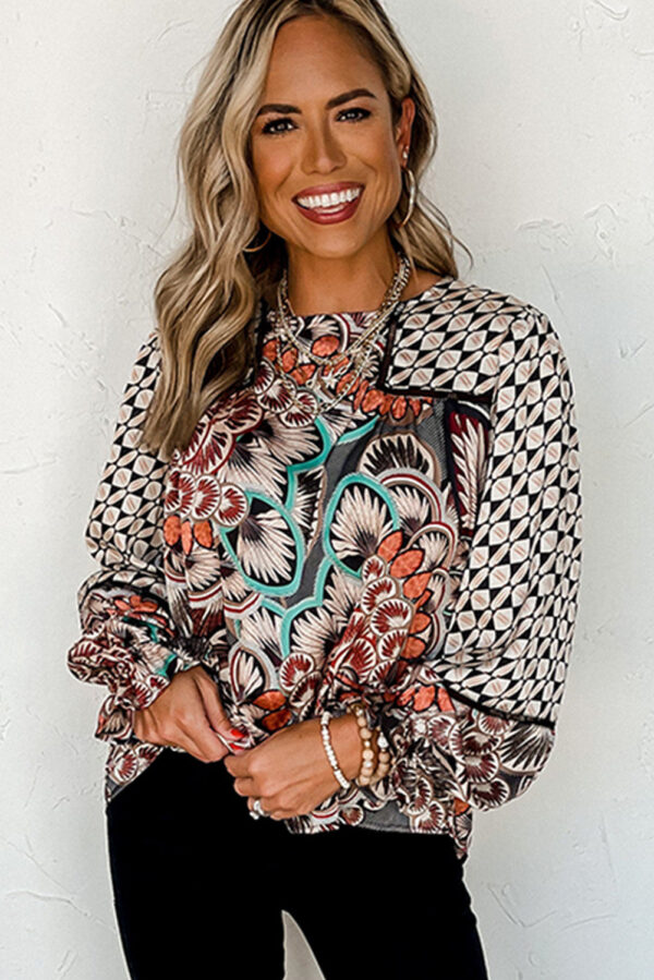 Black Black Mixed Floral Geometric Print Ruffled Long Sleeve Blouse - Image 5