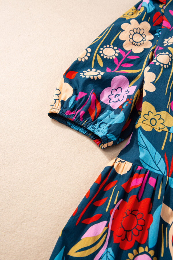 Green Retro Floral Printed Split Neck Maxi Dress - Image 11