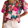 Rose Red Floral Print Puff Sleeve Notched V Neck Blouse - Image 13