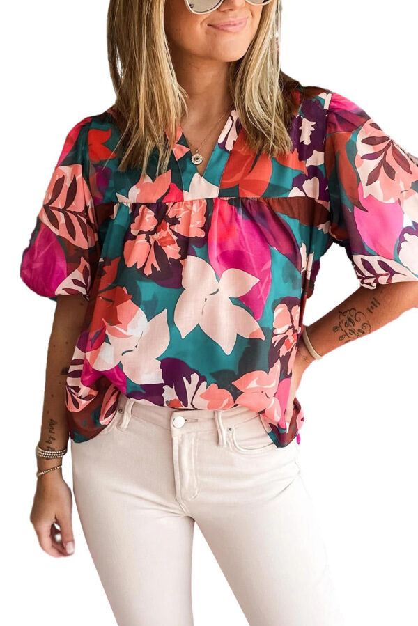 Rose Red Floral Print Puff Sleeve Notched V Neck Blouse - Image 13