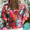 Rose Red Floral Print Puff Sleeve Notched V Neck Blouse - Image 2