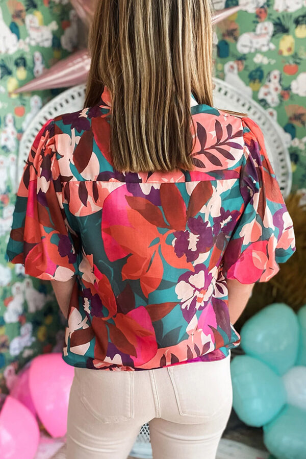 Rose Red Floral Print Puff Sleeve Notched V Neck Blouse - Image 2