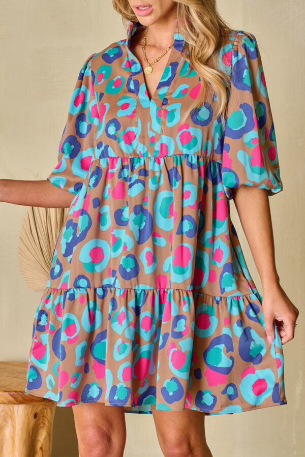 Green Leopard Print Bubble Sleeve Slit Neck Ruffled Dress - Image 7