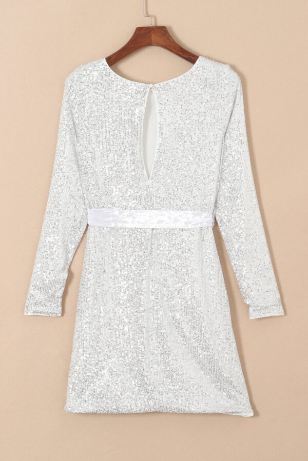 Silvery Sequin Long Sleeve Tie Waist Mini Dress - Image 7
