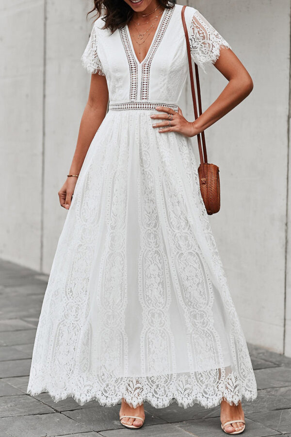 Burgundy Deep V Neck Short Sleeve Lace Maxi Dress - Image 5