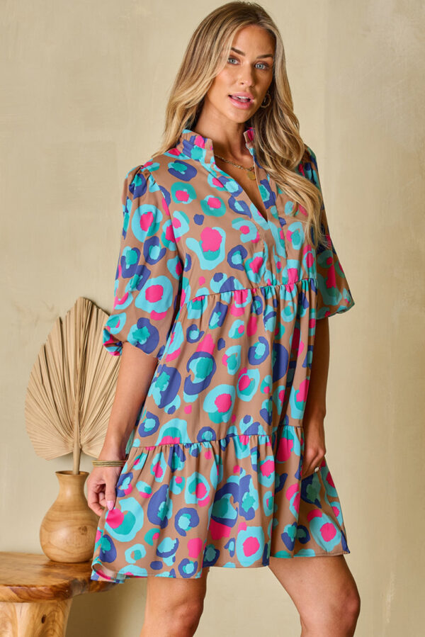 Green Leopard Print Bubble Sleeve Slit Neck Ruffled Dress - Image 5