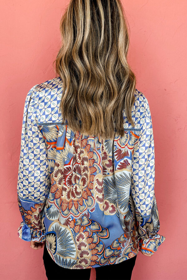 Black Black Mixed Floral Geometric Print Ruffled Long Sleeve Blouse - Image 9