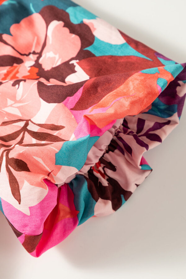 Rose Red Floral Print Puff Sleeve Notched V Neck Blouse - Image 8