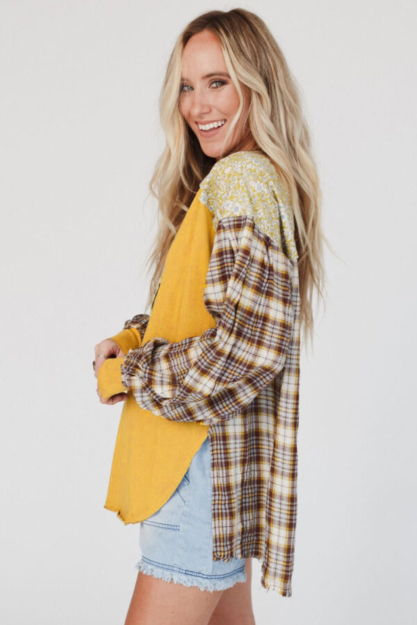 Red Floral Plaid Mixed Print Bishop Sleeve Patchwork Top - Image 25