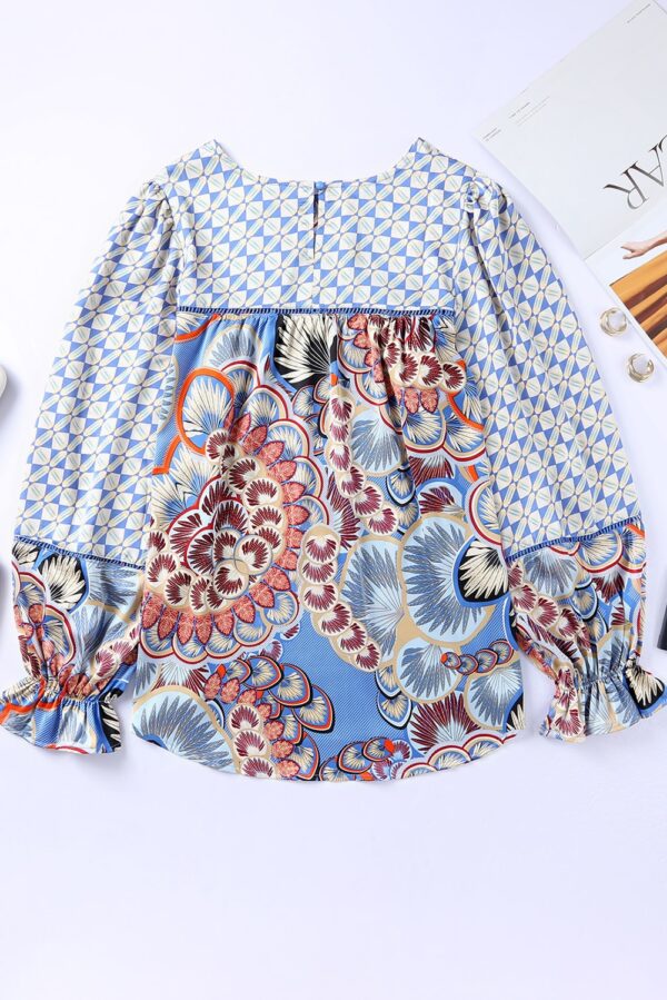 Black Black Mixed Floral Geometric Print Ruffled Long Sleeve Blouse - Image 16
