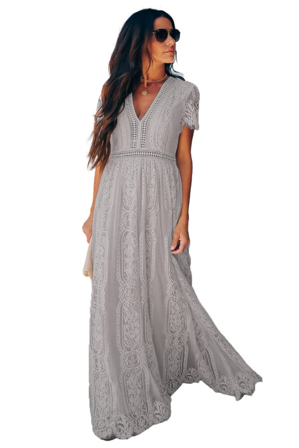 Burgundy Deep V Neck Short Sleeve Lace Maxi Dress - Image 12