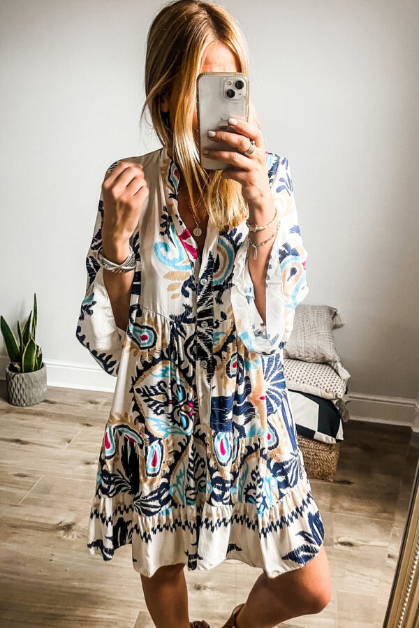 White Printed Tribal Print Bracelet Sleeve Buttoned Mini Dress - Image 4