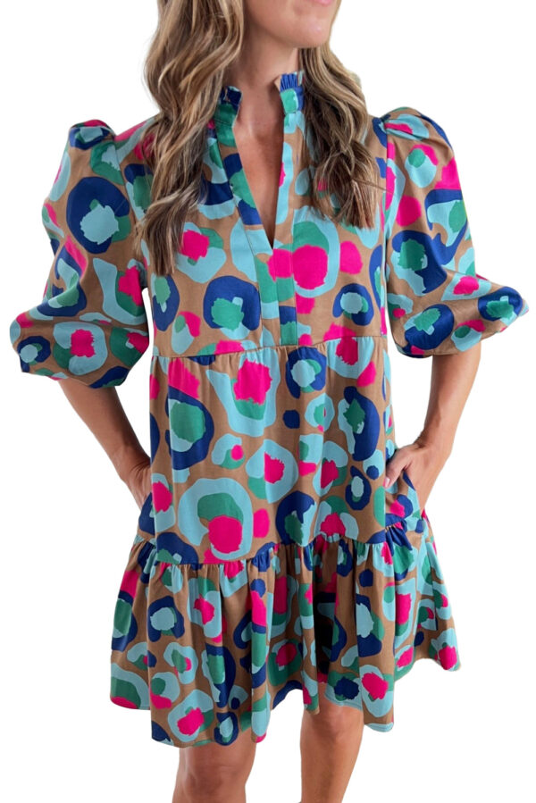 Green Leopard Print Bubble Sleeve Slit Neck Ruffled Dress - Image 12