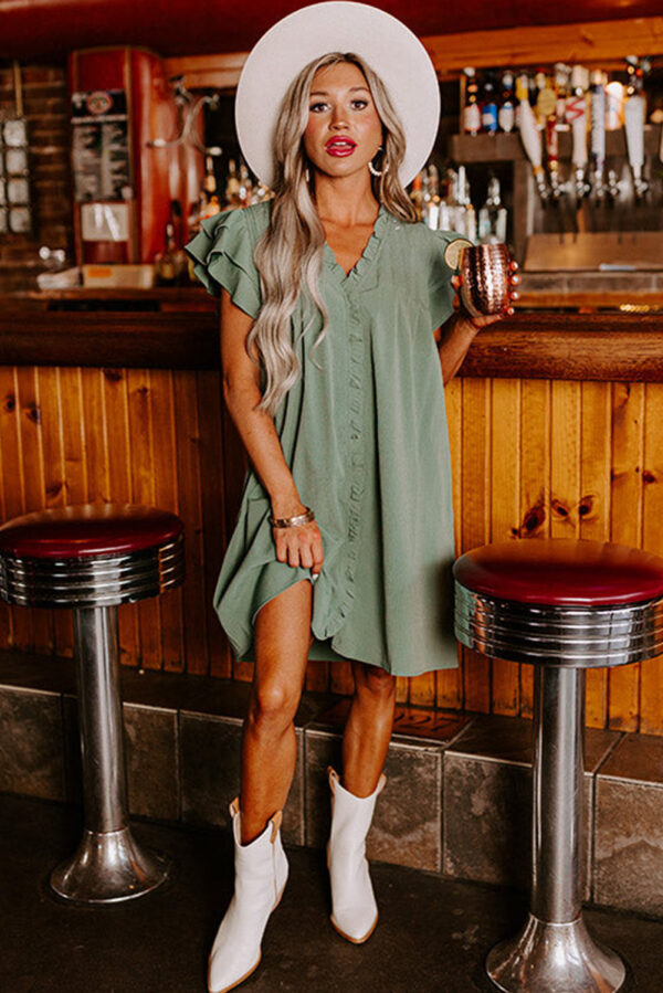 Mist Green Ruffle Sleeve V Neck Frilled Shift Dress - Image 4