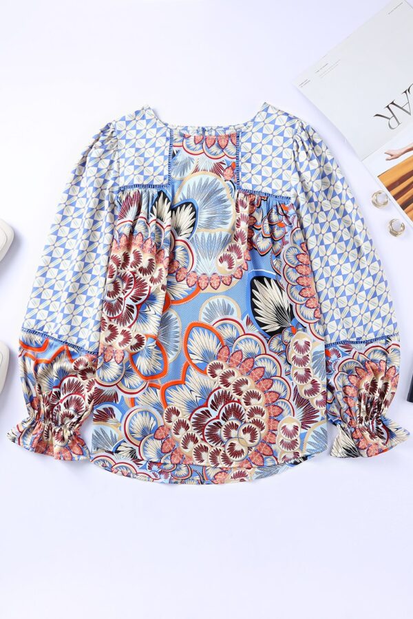 Black Black Mixed Floral Geometric Print Ruffled Long Sleeve Blouse - Image 15