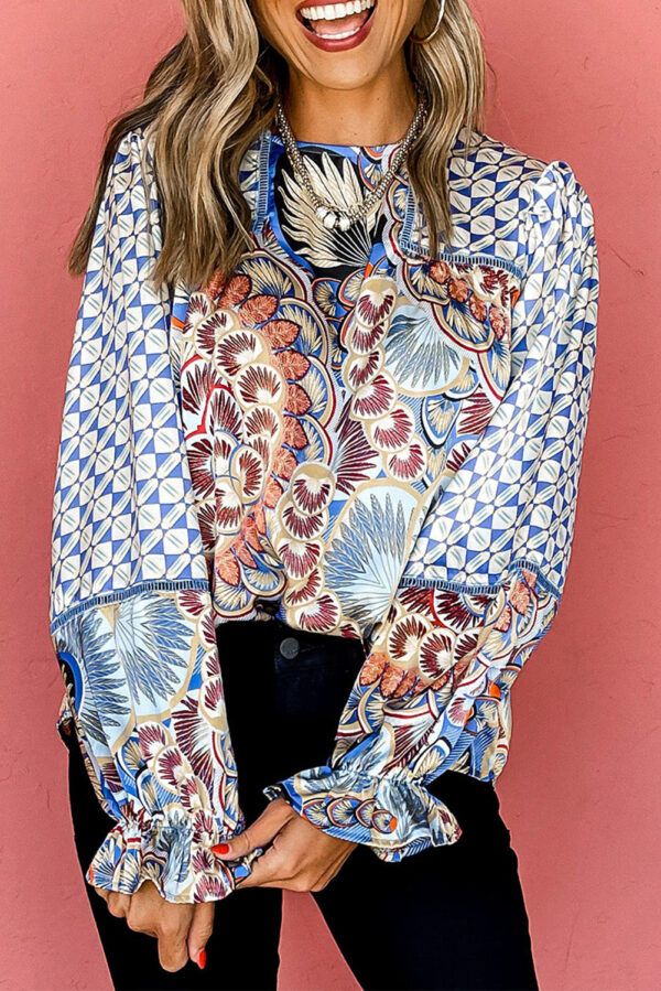 Black Black Mixed Floral Geometric Print Ruffled Long Sleeve Blouse - Image 8