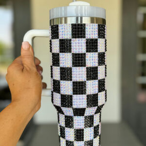 Black Full Rhinestone Checkerboard Handled Tumbler 40oz