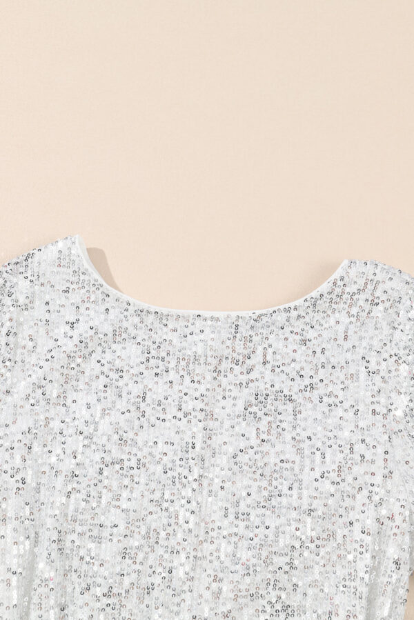 Silvery Sequin Long Sleeve Tie Waist Mini Dress - Image 8