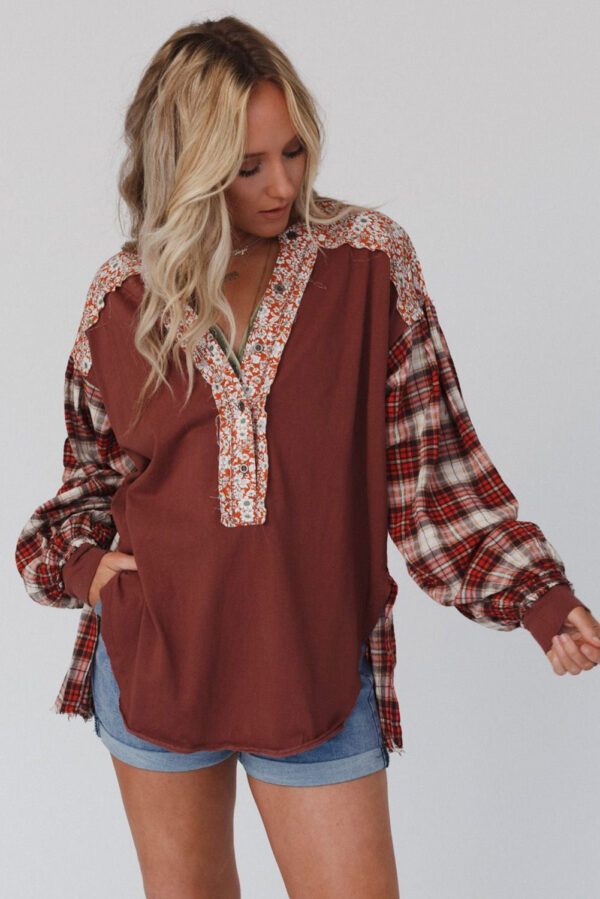 Red Floral Plaid Mixed Print Bishop Sleeve Patchwork Top - Image 4