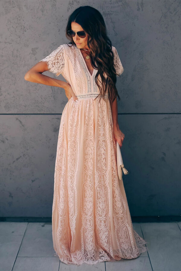 Burgundy Deep V Neck Short Sleeve Lace Maxi Dress - Image 19
