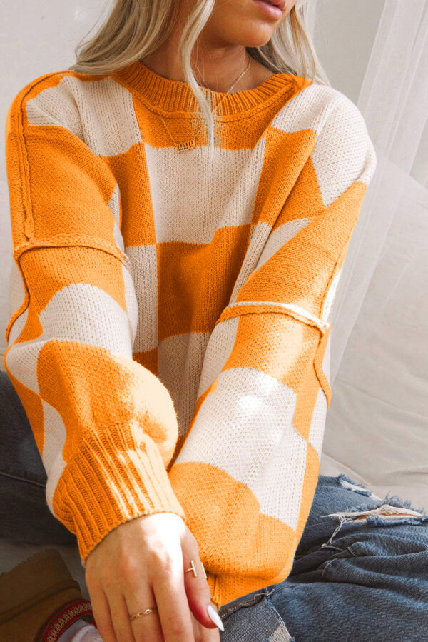 Khaki Checkered Bishop Sleeve Sweater - Image 8