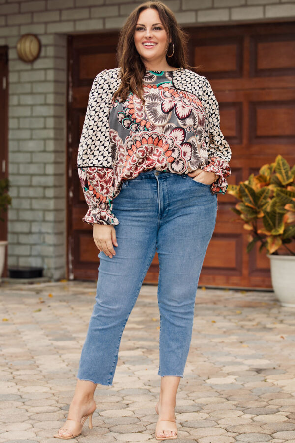 Black Black Mixed Floral Geometric Print Ruffled Long Sleeve Blouse - Image 24