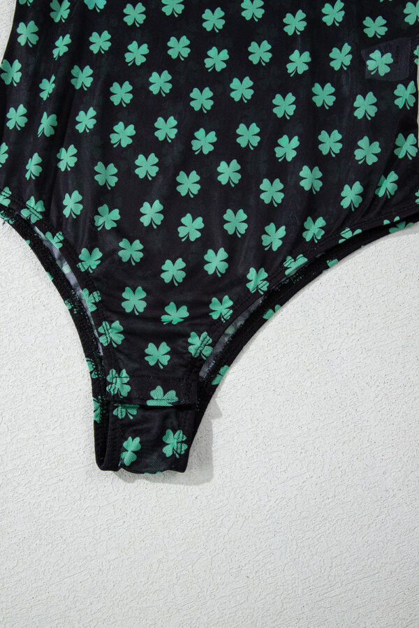 Green St Patrick Shamrock Printed Long Sleeve Mesh Bodysuit - Image 12