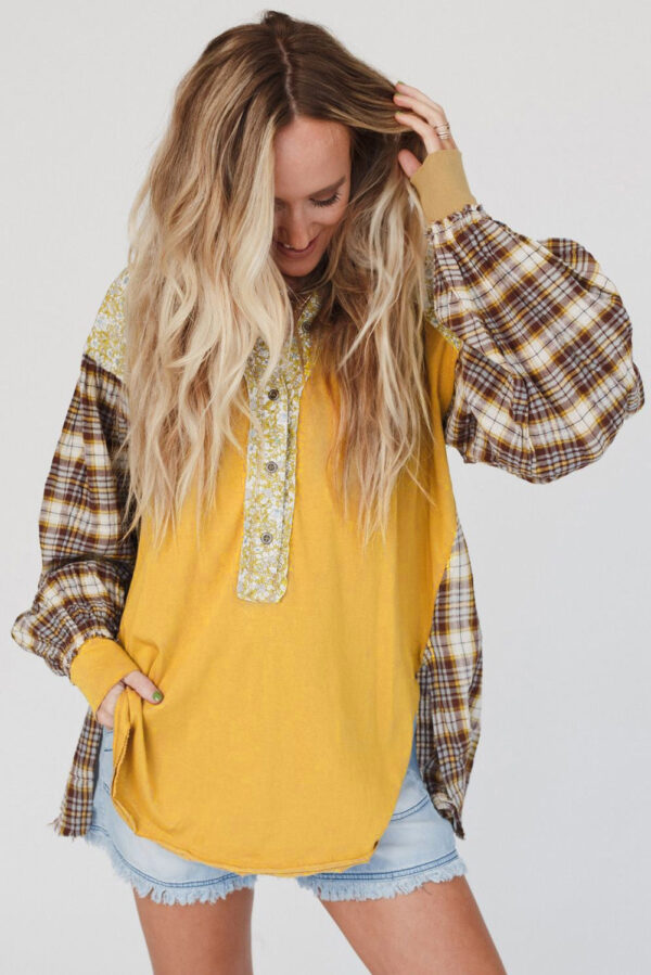 Red Floral Plaid Mixed Print Bishop Sleeve Patchwork Top - Image 26