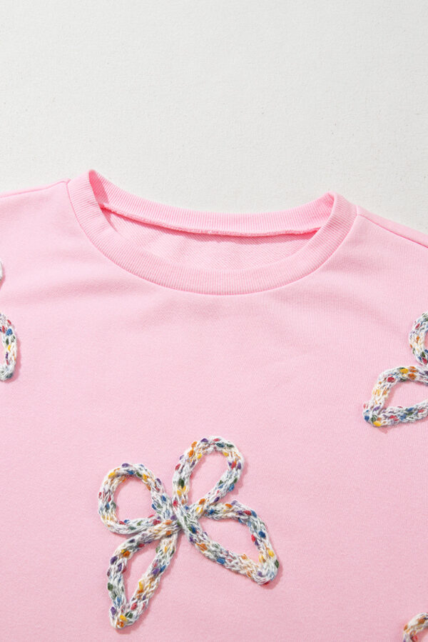 Light Pink Embroidered Bow Lantern Sleeve Oversized Pullover Sweatshirt - Image 12