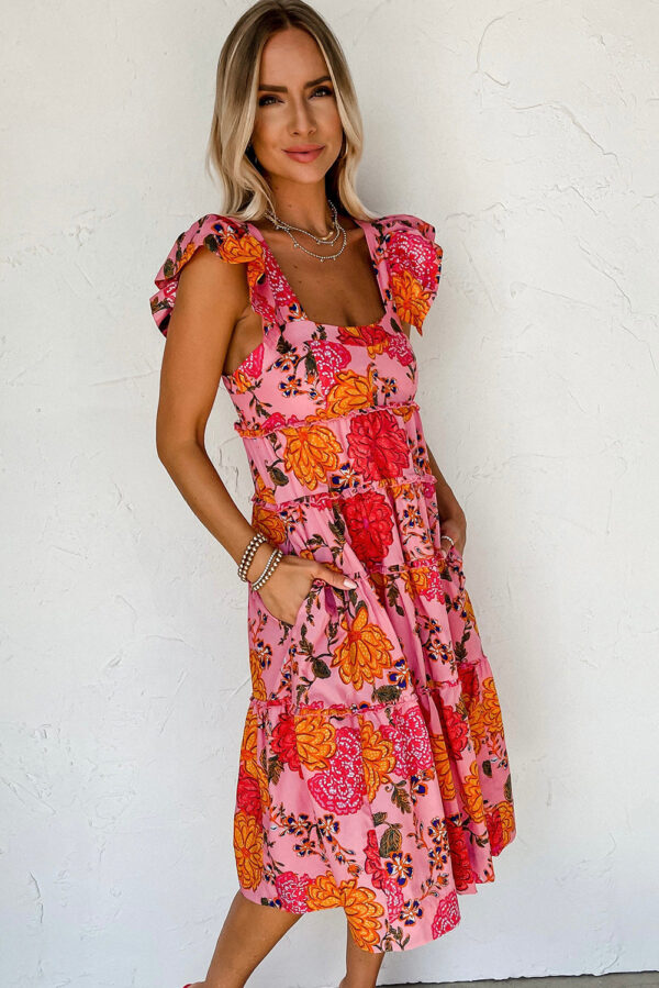 Pink Floral Square Neck Ruffled Flutter Sleeve Tiered Midi Dress - Image 3
