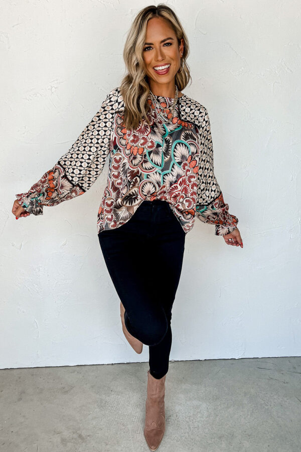 Black Black Mixed Floral Geometric Print Ruffled Long Sleeve Blouse - Image 6