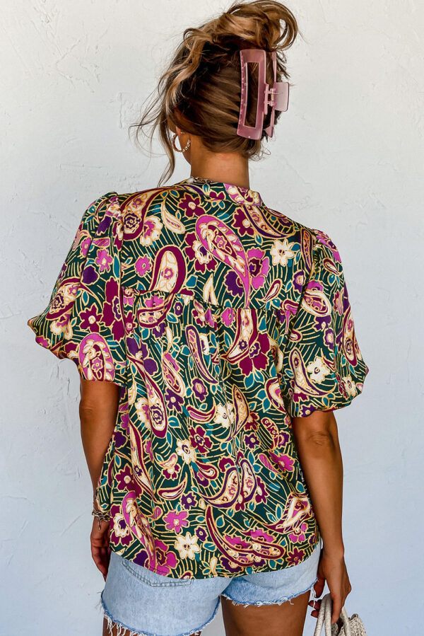 Green V Neck Short Bubble Sleeve Paisley Blouse - Image 2
