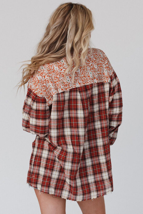 Red Floral Plaid Mixed Print Bishop Sleeve Patchwork Top - Image 2
