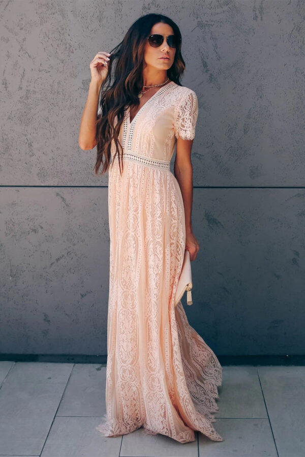 Burgundy Deep V Neck Short Sleeve Lace Maxi Dress - Image 22
