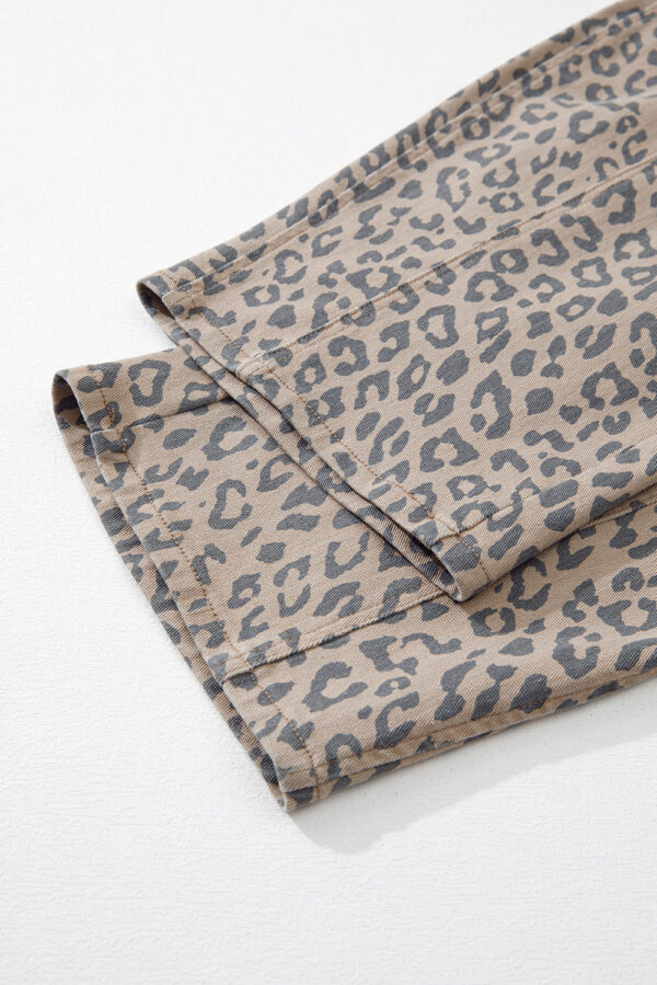 Khaki Leopard Printed Drawstring Waist Pocketed Wide Leg Jeans - Image 12