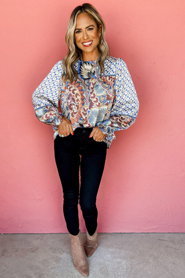 Black Black Mixed Floral Geometric Print Ruffled Long Sleeve Blouse - Image 12