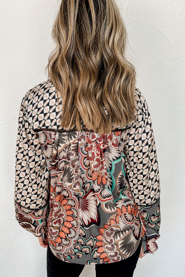 Black Black Mixed Floral Geometric Print Ruffled Long Sleeve Blouse - Image 2