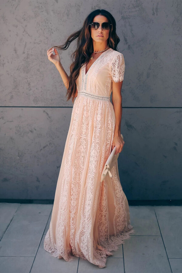 Burgundy Deep V Neck Short Sleeve Lace Maxi Dress - Image 20