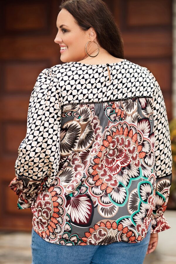 Black Black Mixed Floral Geometric Print Ruffled Long Sleeve Blouse - Image 23