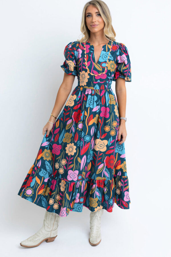 Green Retro Floral Printed Split Neck Maxi Dress - Image 3