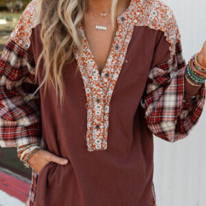 Red Floral Plaid Mixed Print Bishop Sleeve Patchwork Top