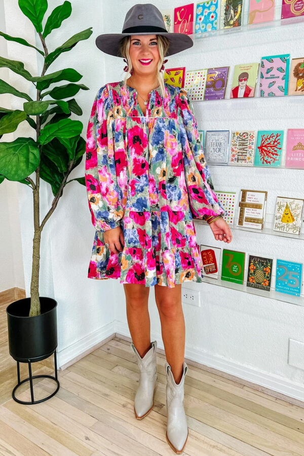 Multicolour Floral Tie Neck Bubble Sleeve Shift Dress - Image 4