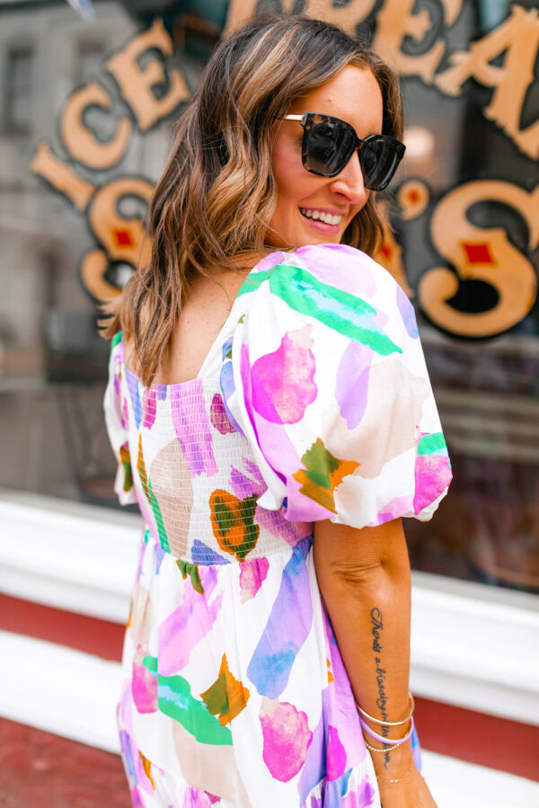 Purple Abstract Print Puff Sleeve Smocked Back Midi Dress - Image 4