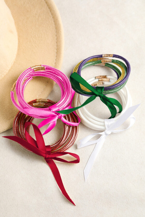 Green 5pcs Glitter Jelly Bow Knot Ribbon Bracelet Set - Image 3