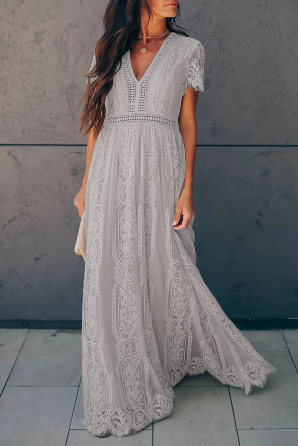 Burgundy Deep V Neck Short Sleeve Lace Maxi Dress - Image 6
