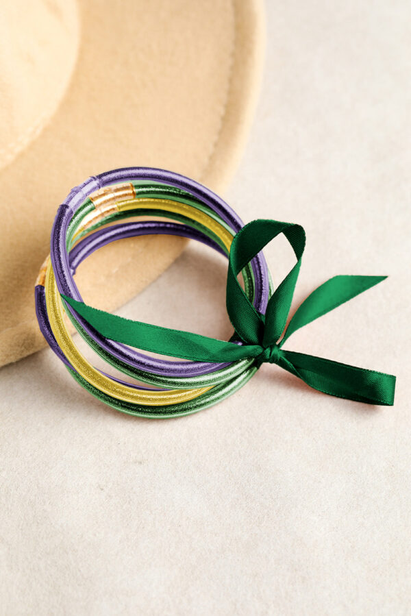 Green 5pcs Glitter Jelly Bow Knot Ribbon Bracelet Set - Image 2