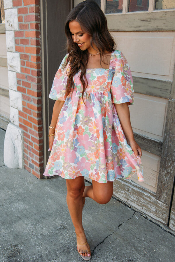 Pink Summer Floral Square Neck Puff Sleeve Babydoll Dress - Image 6