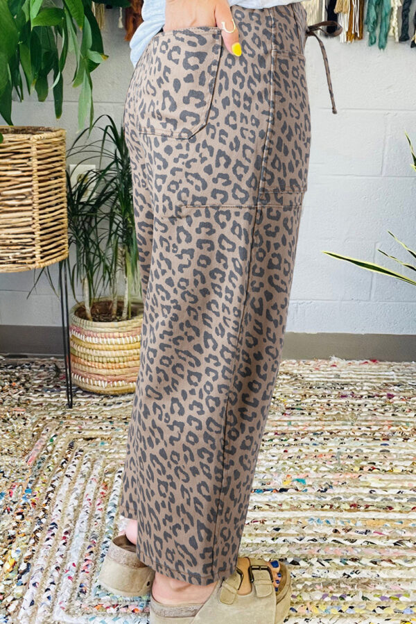 Khaki Leopard Printed Drawstring Waist Pocketed Wide Leg Jeans - Image 3
